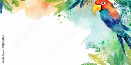 Watercolor background with tropical birds - generative AI Art