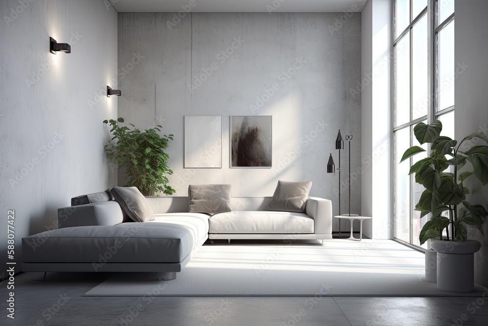 Fototapeta premium cozy living room with a green potted plant and comfortable couch. Generative AI