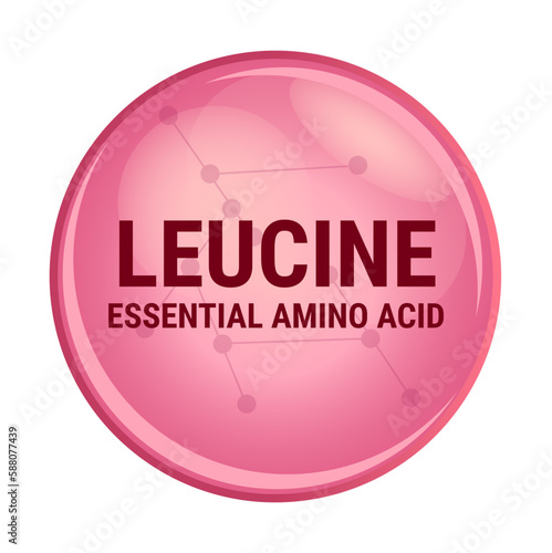 Vector icon of leucine. Essential amino acid with the abbreviation Leu. Red molecule isolated on a white background. L amino acid used in the biosynthesis of proteins. Food and nutrition concept.
