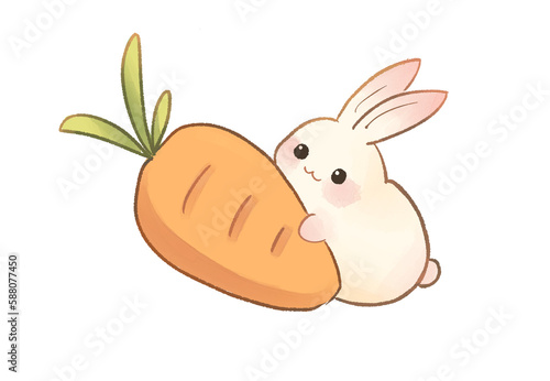 Fluffy cute little bunny with carrots. Bunny hugging a giant carrot.
