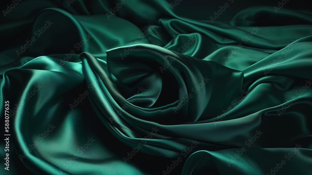 Obraz premium 3d render, dark emerald green silky drapery, crumpled fabric background. Generative Ai