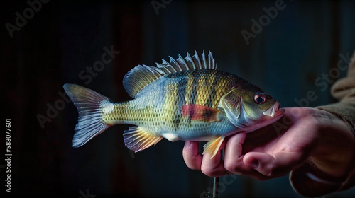 Happy angler with perch fishing trophy. Copy space. Generative AI.2