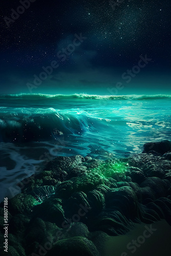 Surreal Fantasy Bioluminescence Planktons Glowing in The Dark, At a Sea Beach, Serene Nighttime Landscape, with Luminous Ocean Waves. Generative AI.  © Dipto AI Art Hub
