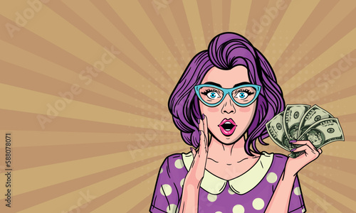 Young sexy girl holding money in her hands.Vector pop art illustration
