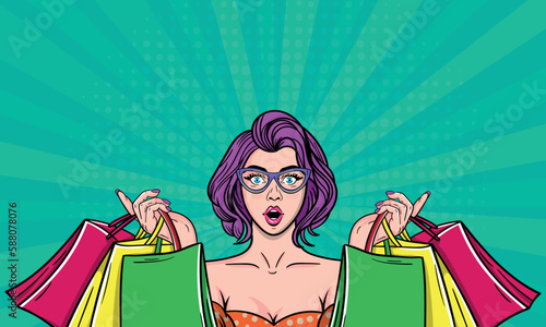 Young sexy girl with shopping bags.Vector pop art illustration