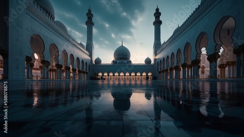 mosque full object perspective photo generate AI, for ramadhan kareem, eid al fitr, eid adha, islamic event © 3dimensi2000