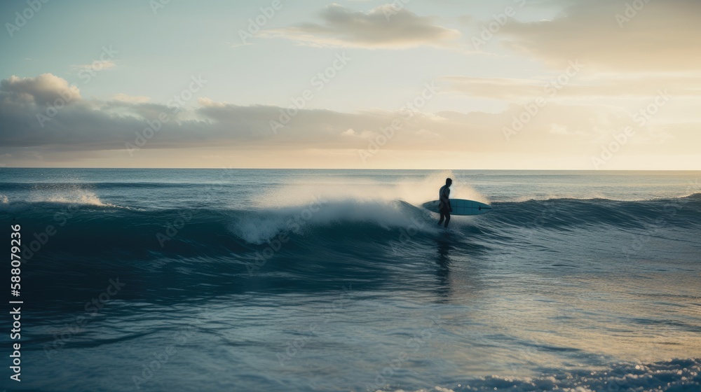 Fototapeta premium Blue Waves: A Surfer Riding the Ocean and Sky on a Blue Board, Generative AI 