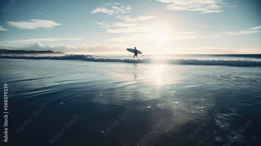 Naklejka premium Surfing the Blue: A Bright Blue Board in a Perfect Blue World, Generative AI 