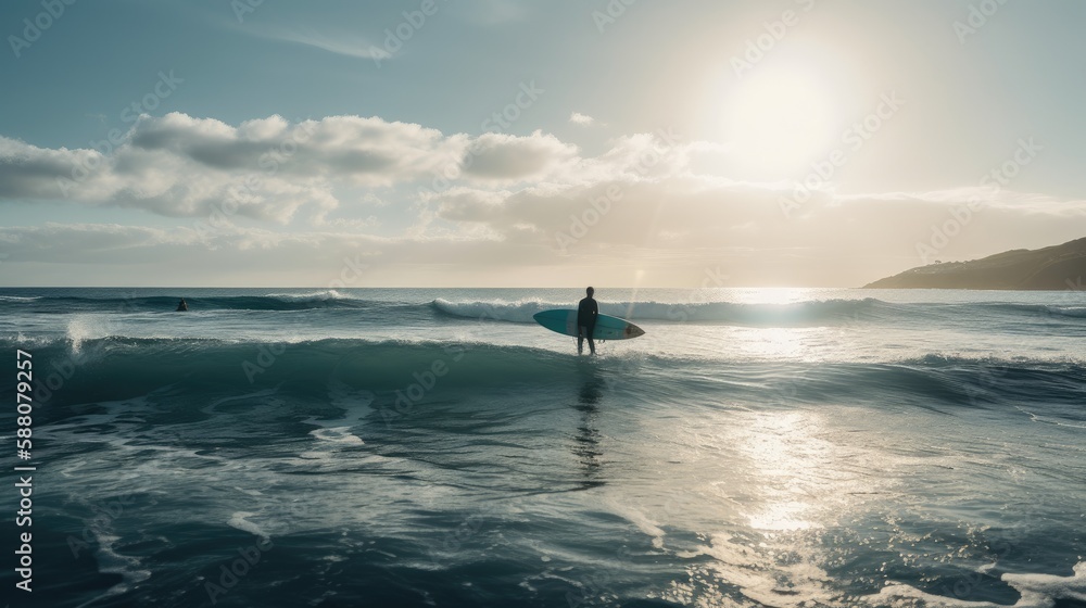 Fototapeta premium Surf's Up: Catching the Perfect Wave on a Blue Board, AI Generative 
