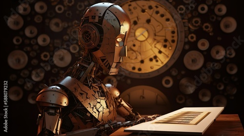 Golden AI future robot, human like with gears. (Generative AI, Generativ, KI)