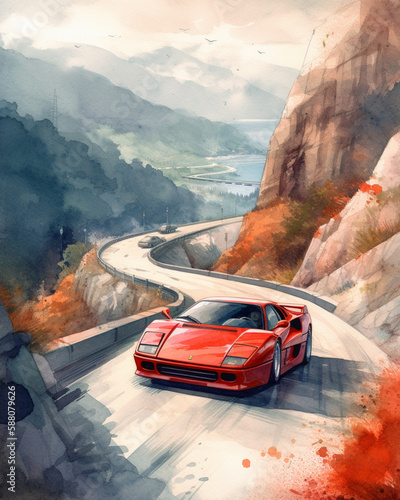 Watercolor Iconic Racing Car Illustration created by Generative Ai photo
