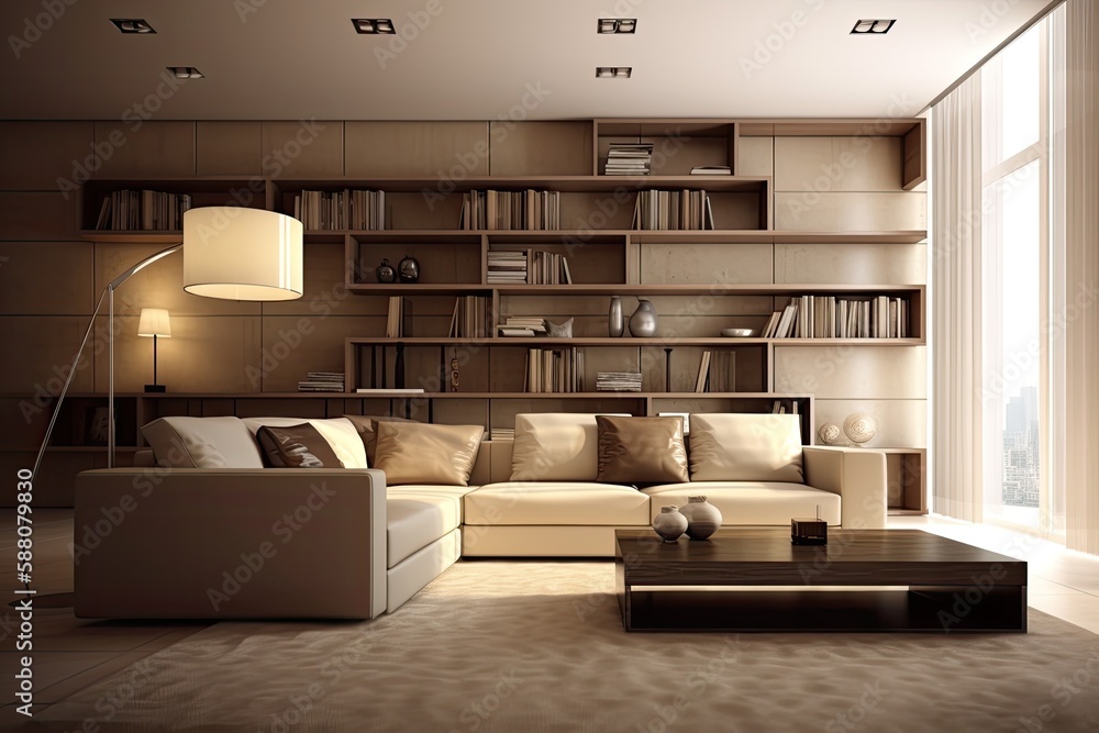 cozy living room with ample natural light coming through a large window. Generative AI cozy living room with ample natural light coming through a large window. Generative AI