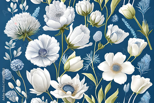 Watercolor dusty blue and white flowers painting art. Background and pattern texture wallpaper. Generative AI.