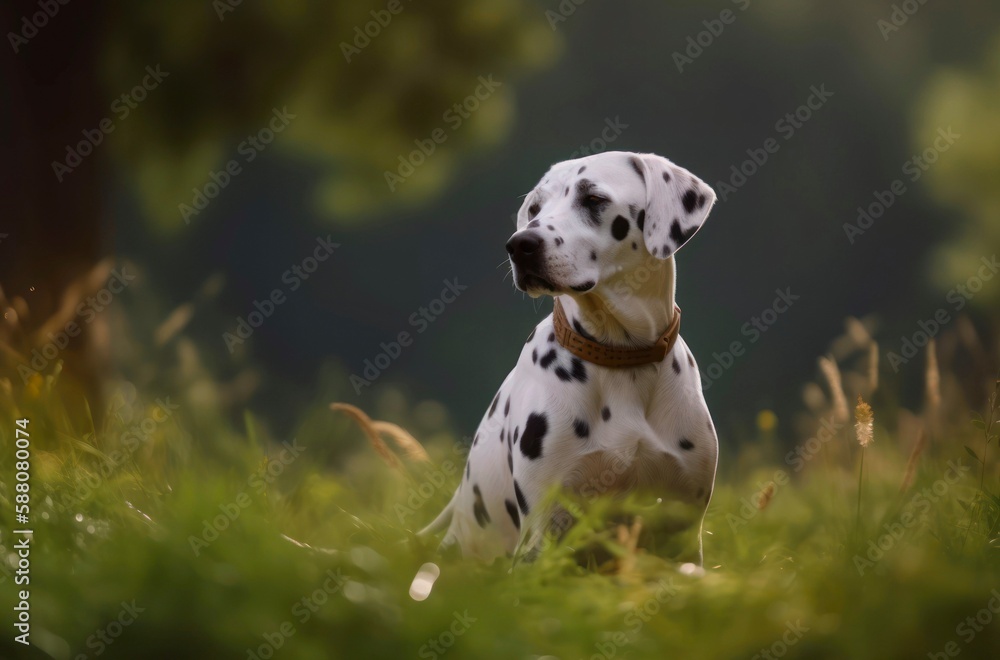 Portrait of a dalmatian sitting in the grass outdoor. Generative AI. Portrait of a dalmatian sitting in the grass outdoor. Generative AI.