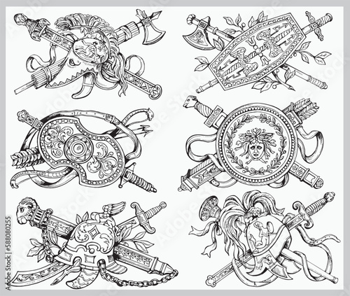 Set of hand drawn sketch style coat of arms isolated on white background. Vector illustration.