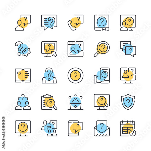 Question line icons. Set of question icons. Black, blue and yellow colors. Modern outline graphic design. Vector line icons set