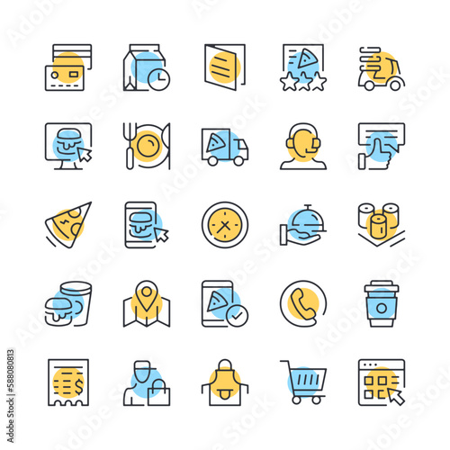 Food delivery line icons. Set of food delivery icons. Black, blue and yellow colors. Modern outline graphic design. Vector line icons set