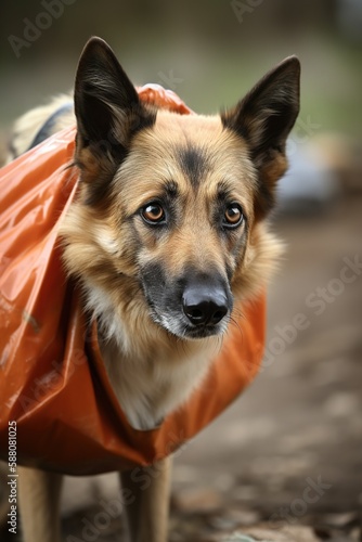 german shepherd dog carries a bag of groceries to his owner