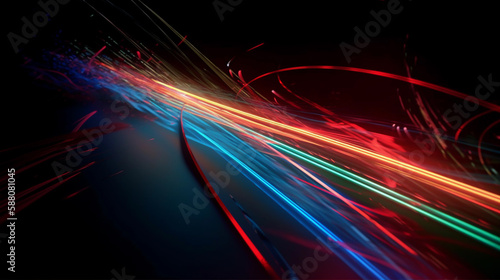 Abstract fractal background. Futuristic technology background. Light trails in the dark. 3d rendering. Generative AI technology.