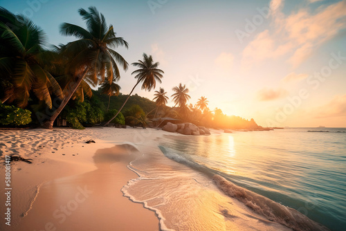 Praia paradisíaca com areia branca, mar azul turquesa, céu com nuvens e por do sol photo