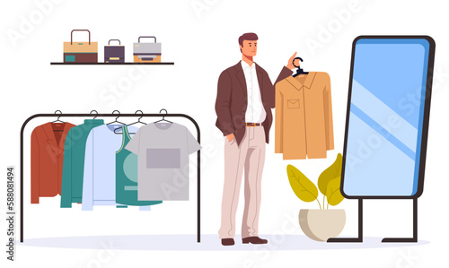 Dress fashion outfit clothes wardrobe. People trying clothes looking mirror concept. Vector graphic design illustration
