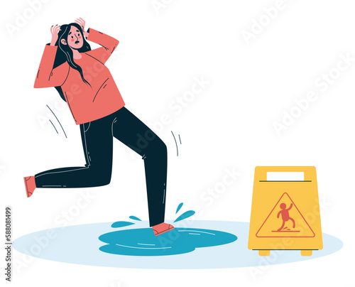 Abstract wet water slide floor and fall people concept. Vector graphic design illustration
