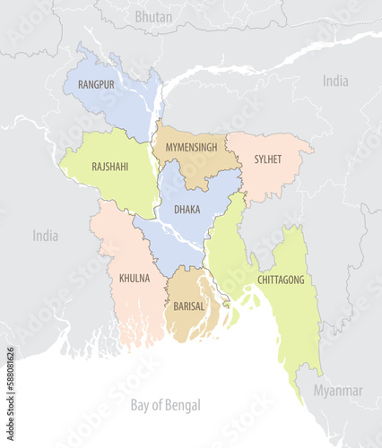 Detailed map of Bangladesh with administrative divisions and borders of neighboring countries, vector illustration on white background
