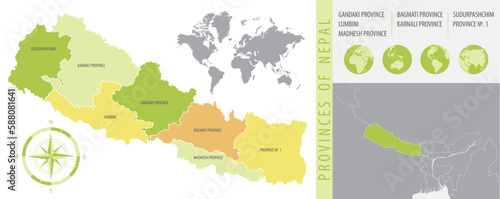 Detailed map of Nepal  with administrative divisions of the country, color vector illustration