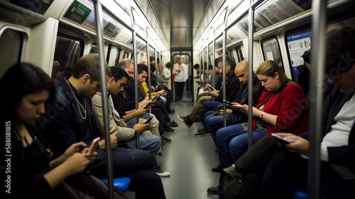 tous les passagers d'une rame de métro regardent tous leur smartphone - generative ai