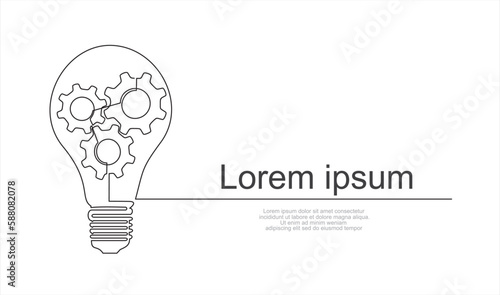 Continuous one single line drawing innovation Light bulb and gears inside icon vector illustration concept