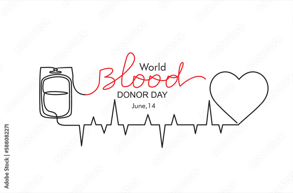 World blood donor day. June,14. One continuous single line of blood donation bag with tube shaped a pulls and heart isolated on white background.