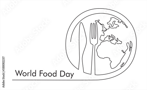 Continuous one single line drawing of Globe, knife and fork. World Food day isolated on white background. Vector Illustration.