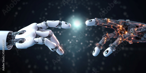 zwei Roboterhände berühren einen leuchtenden Punkt, generative AI