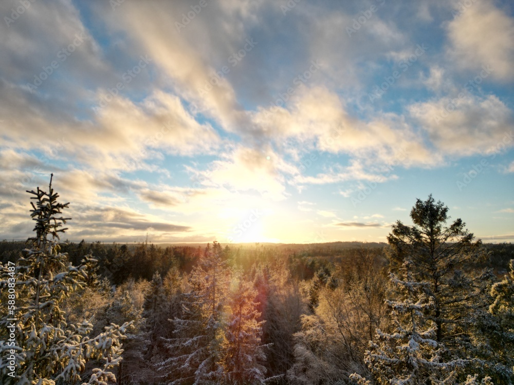 swedish nature and landscape shots with snow, sun, ski jump, lakes