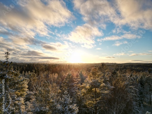 swedish nature and landscape shots with snow, sun, ski jump, lakes