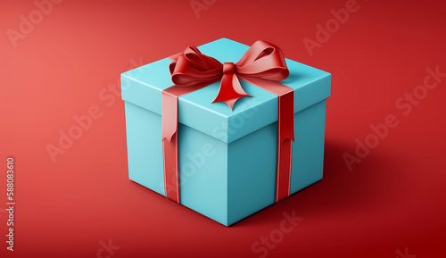 Blue gift box with a red ribbon, on a red background. The concept of sales, discounts and shopping 
