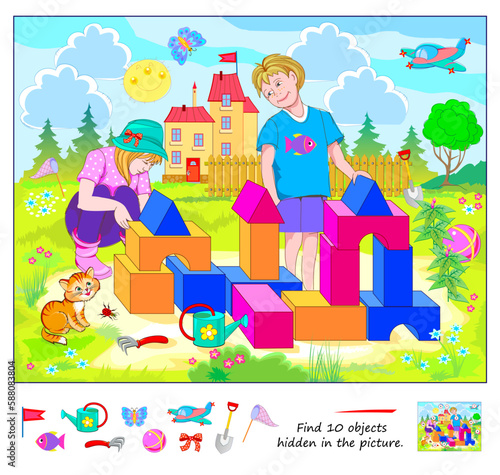 Find 10 objects hidden in the picture. Logic puzzle game for children and adults. Boy and girl playing in garden. Educational page. Play online. Task for attentiveness. Vector cartoon Illustration.