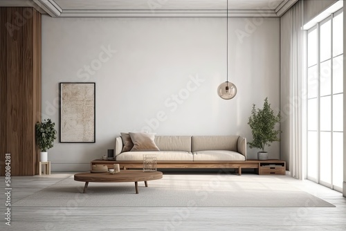 cozy living room with natural light and simple furniture. Generative AI