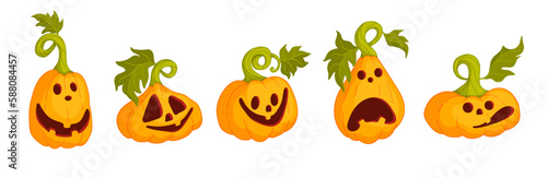 Set of funny autumn pumpkin characters. Halloween symbol, holiday decor. Vector cartoon graphics.