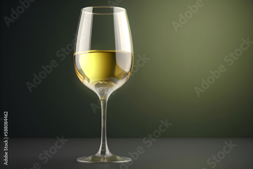 White wine glass on a dark green background with copy space. Generative AI.