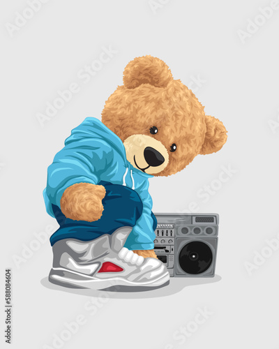 Vector cartoon illustration, hand drawn teddy bear with tape recorder