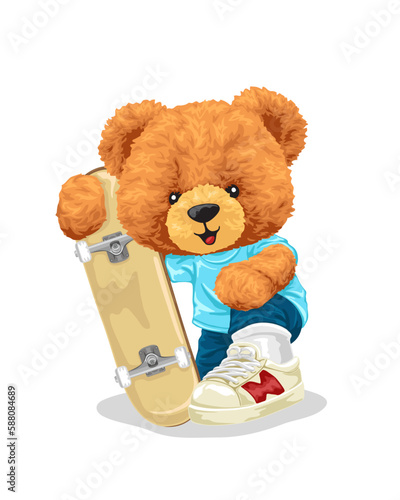 Vector cartoon illustration, hand drawn teddy bear with skateboard