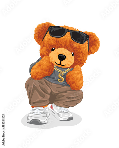 Vector cartoon illustration, hand drawn teddy bear in hipster style