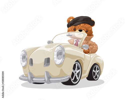 Vector illustration of teddy bear in suit on classic car