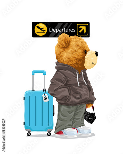 Vector cartoon illustration, teddy bear holding camera with luggage in airport