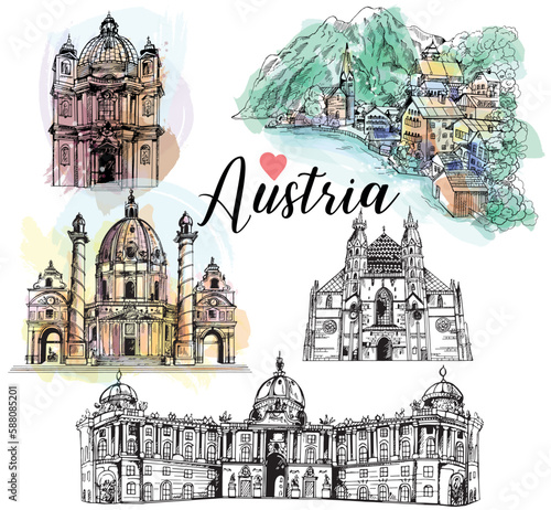 Set of hand drawn sketch style Austria related places and buildings isolated on white background. Colored vector illustration.