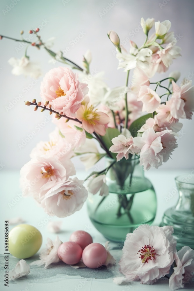 Pastel composition of vase with spring flowers, shallow depth of field. Generative AI