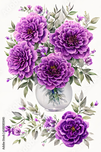 floral watercolor background with purple volumetric flowers in a glass vase on a white background, generative ai