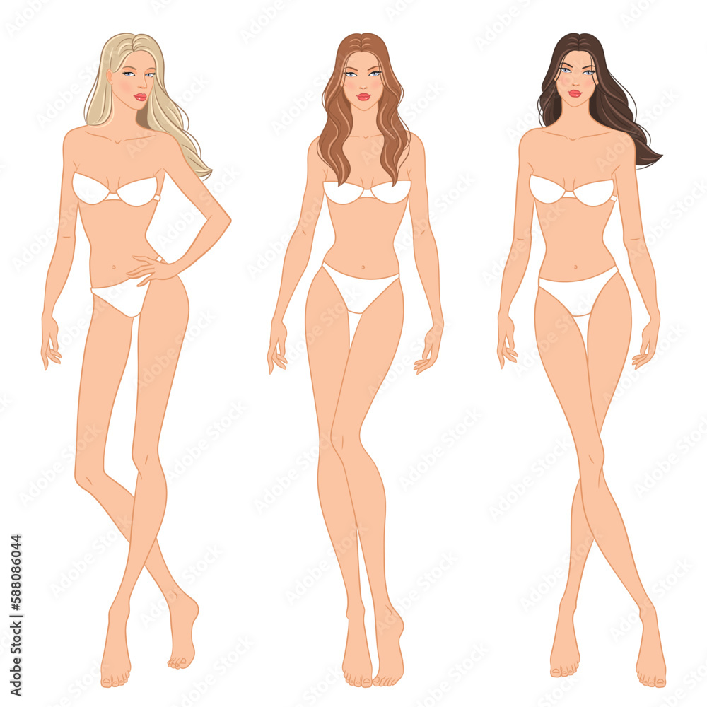 Fashion models posing, vector illustration. Women's body templates. Nine-head fashion female colored croquis with face and hairstyle, vector set. Fashion models posing, vector illustration. Women's body templates. Nine-head fashion female colored croquis with face and hairstyle, vector set.