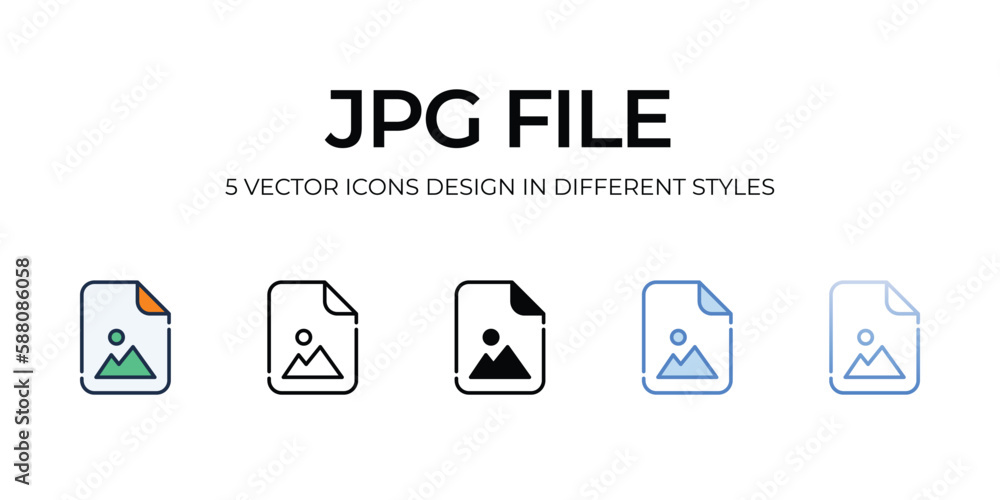 Jpg File Icon Design in Five style with Editable Stroke. Line, Solid, Flat Line, Duo Tone Color, and Color Gradient Line. Suitable for Web Page, Mobile App, UI, UX and GUI design. Jpg File Icon Design in Five style with Editable Stroke. Line, Solid, Flat Line, Duo Tone Color, and Color Gradient Line. Suitable for Web Page, Mobile App, UI, UX and GUI design.